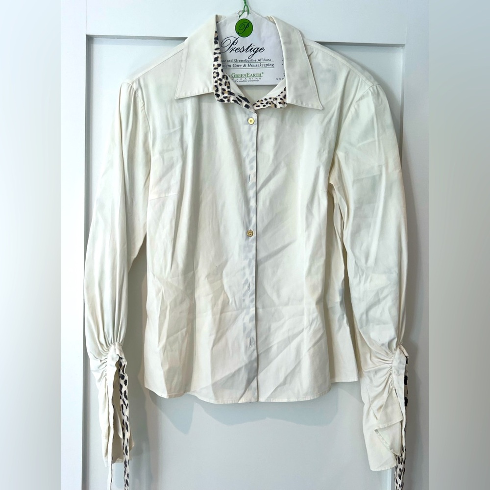Roberto cavalli white shirt with leopard print trim